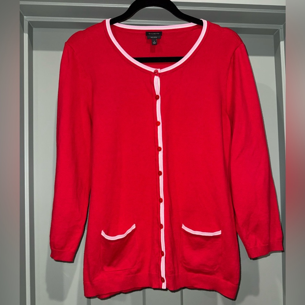 Talbots Pima Cotton Red Cardigan Sweater Pink/White Trim Button Front Women’s L